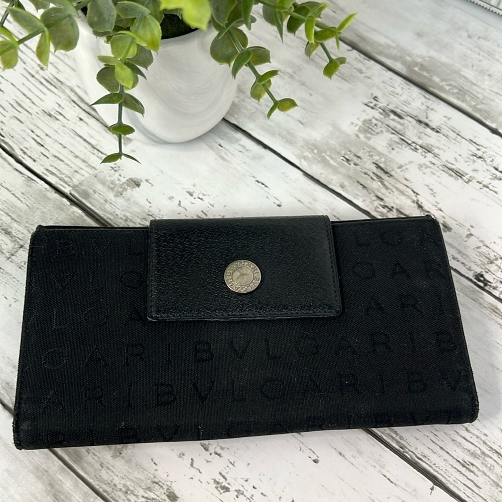 Bvlgari Long Trifold  Canvas Wallet Black